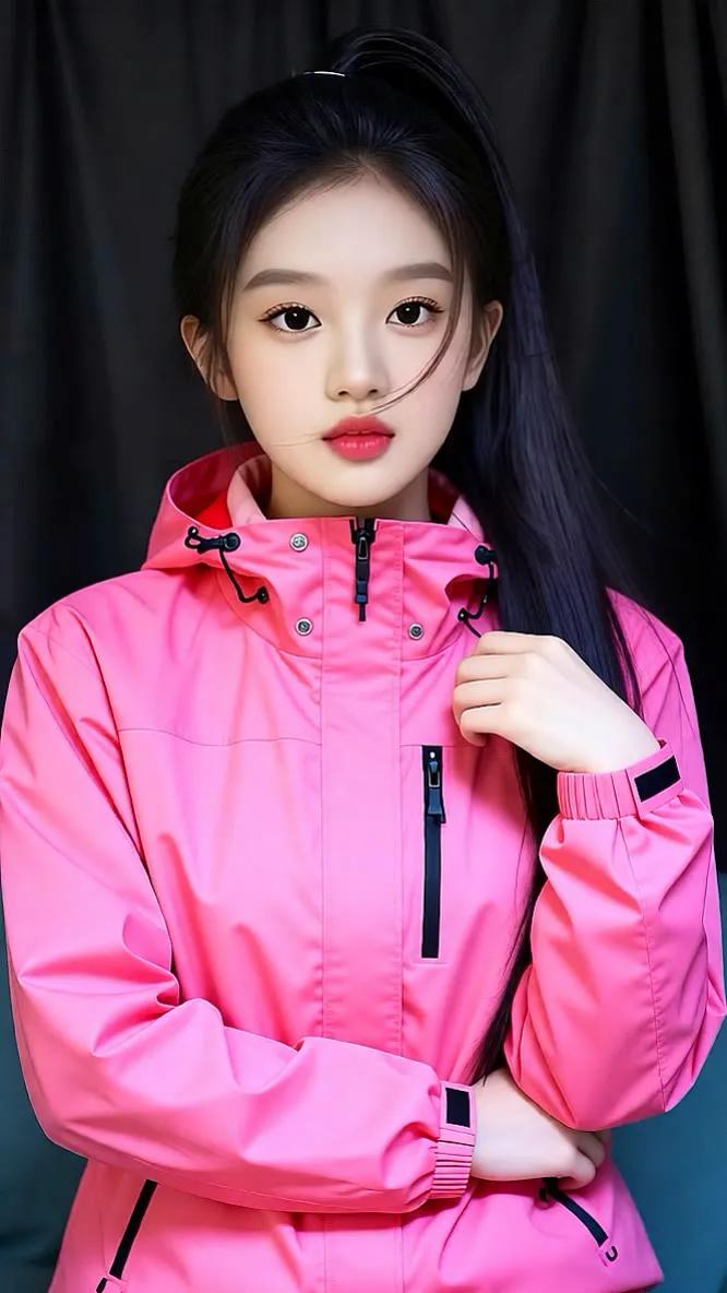 元气少女穿搭指南💗粉色运动外套+黑色长发，青春活力满满！街拍高清美女