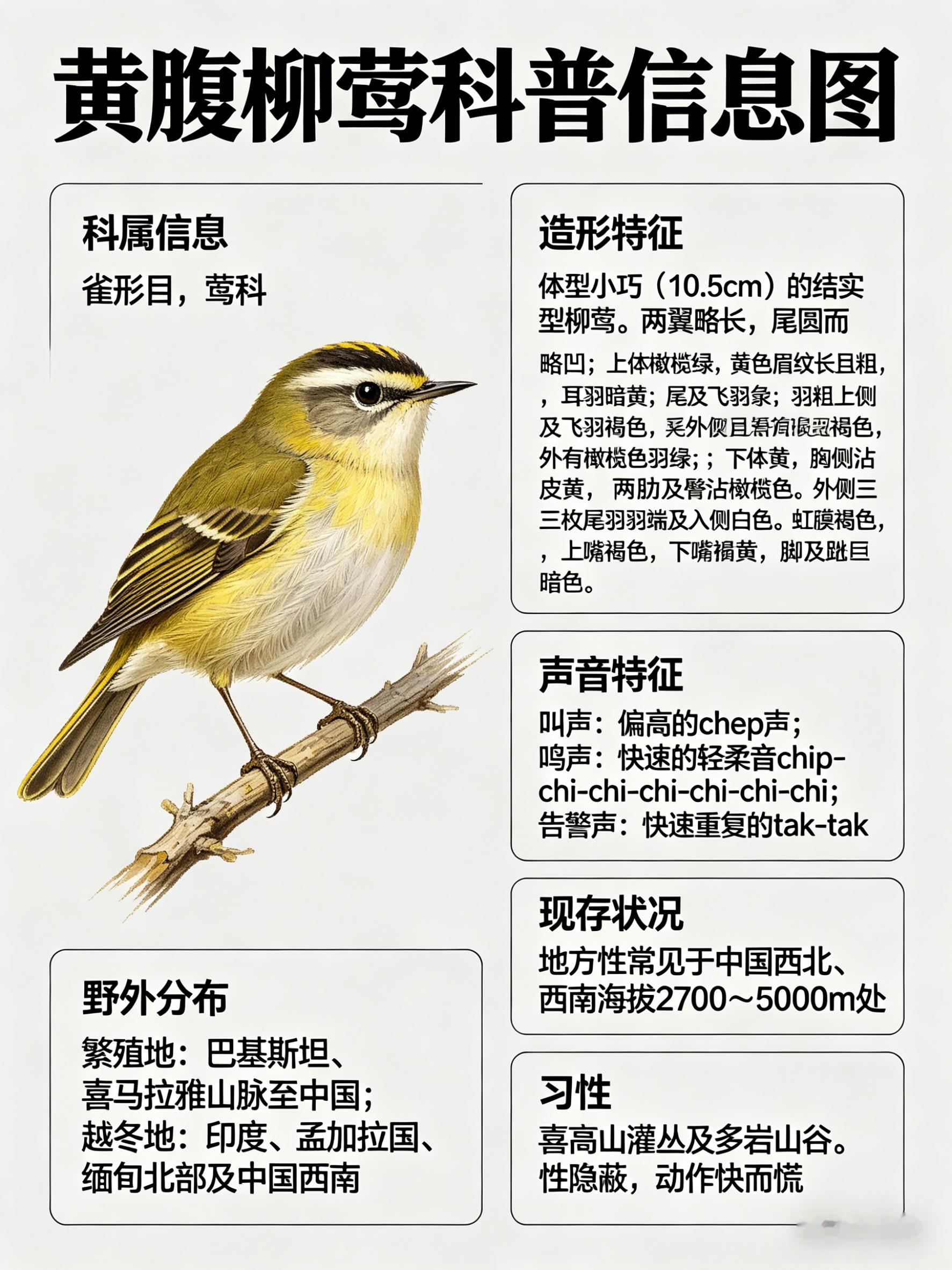 鸟类朋友图鉴黄腹柳莺·科属：雀形目，莺科。·外形特征：体型小巧（10.5cm）