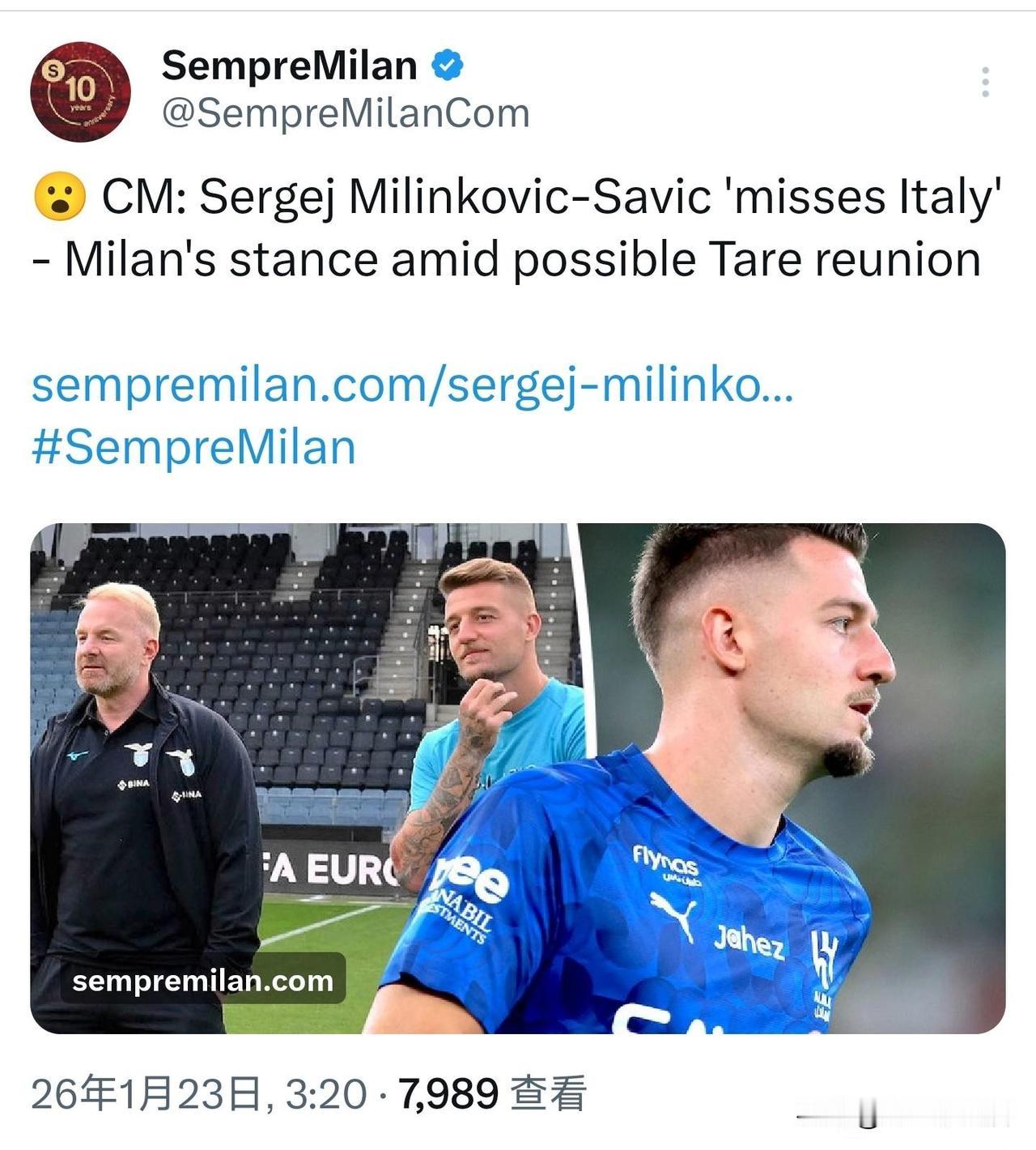 米林科维奇！米林科维奇无时无刻都在想着回归意甲，他与塔雷一直都有联系，塔雷正在考