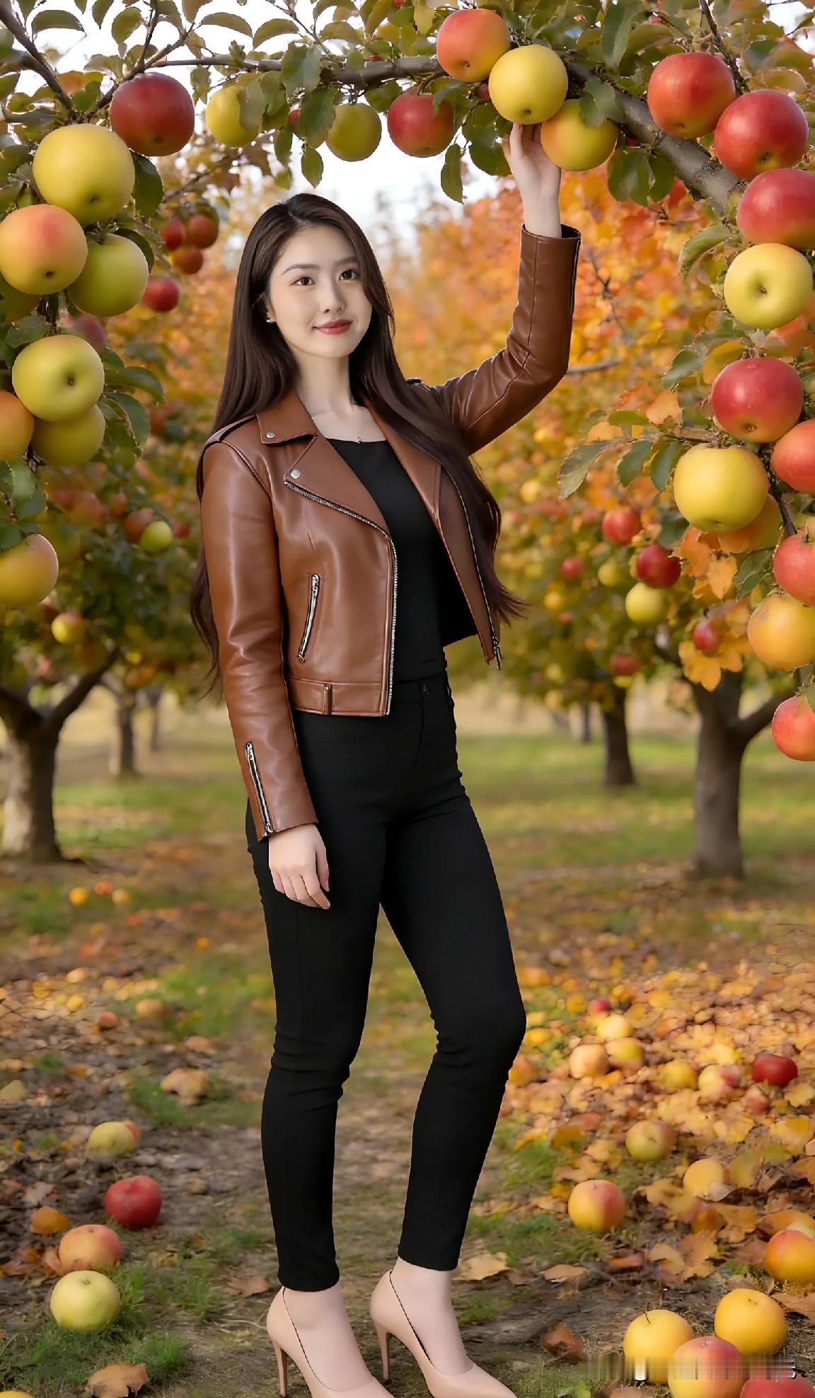 秋日果园里的时尚少女，红苹满树，甜美动人
