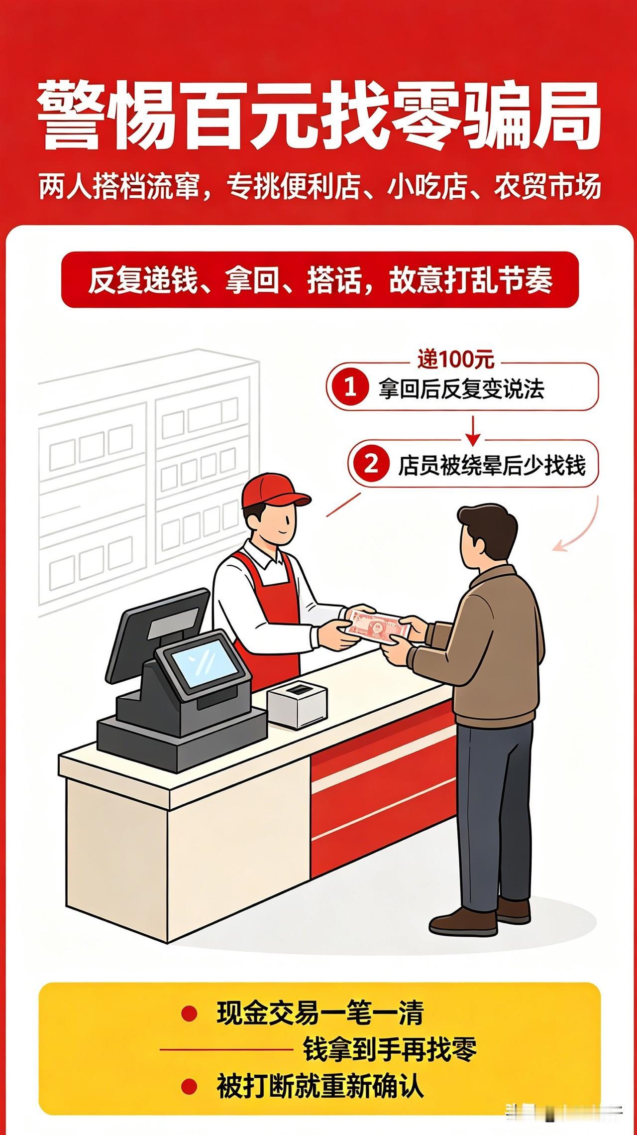 这种流窜骗局：两名嫌疑人搭档作案，专挑便利店、小吃店、农贸市场下手。套路其实
