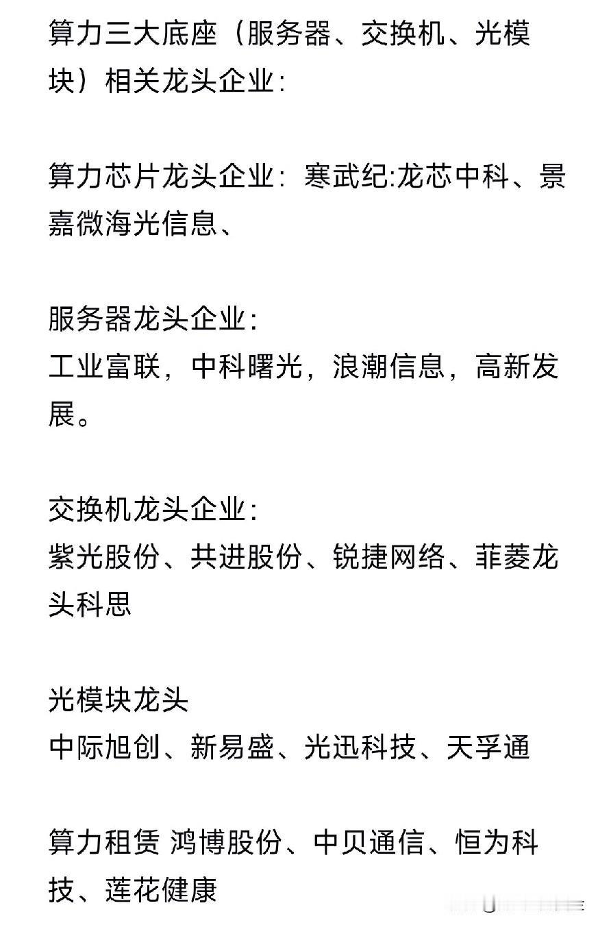 算力三大底座（服务器、交换机、光模块）相关龙头企业：算力芯片龙头企业：寒武纪