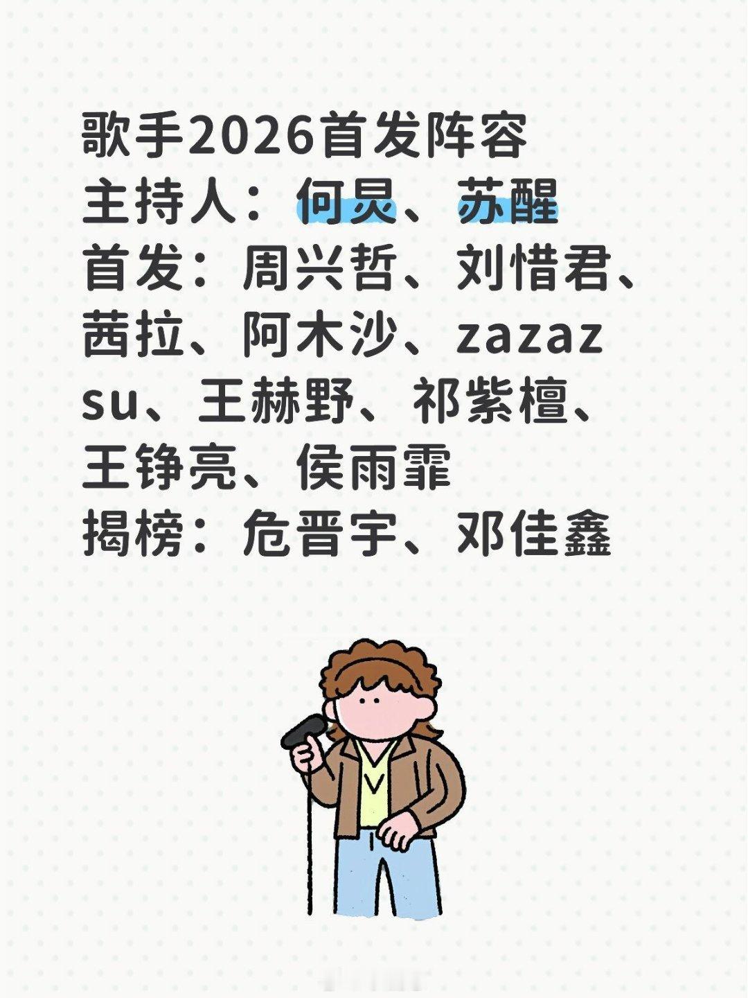 歌手2026首发阵容主持人：何炅、苏醒首发：周兴哲、刘惜君、茜拉、阿木沙、zaz