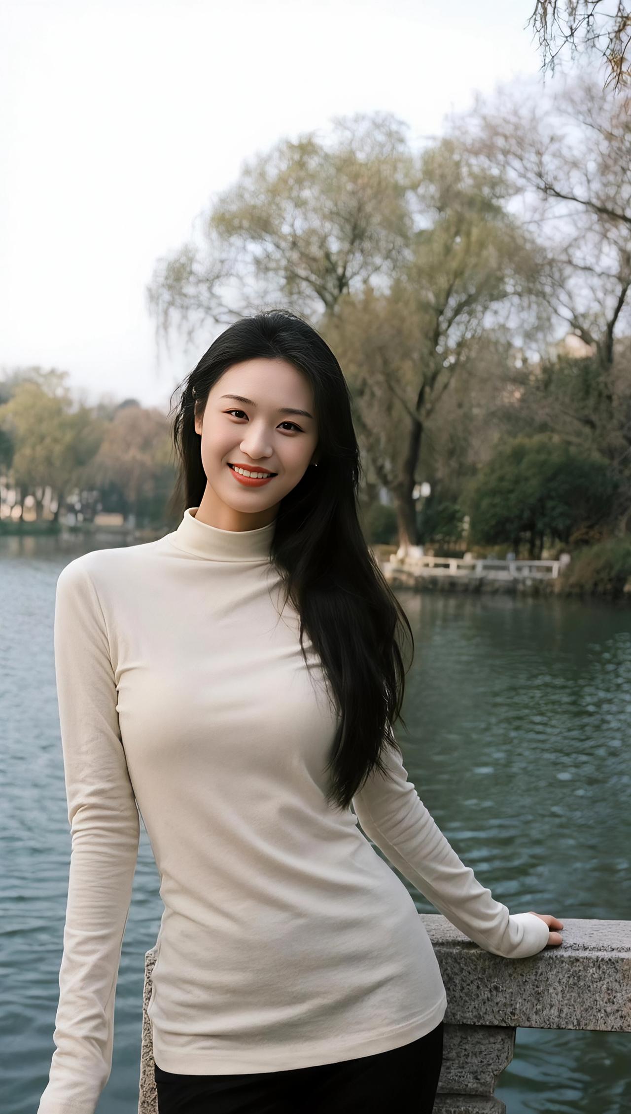 湖畔佳人柳岸清波映素衣，青丝垂缕晚风微。笑涡轻漾凝春水，玉立桥边景自