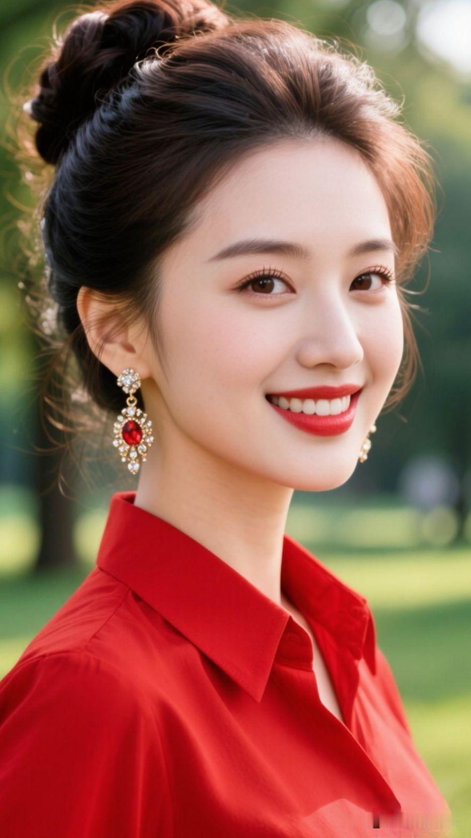 ✨草地的绿、衬衫的红织成鲜活的诗，耳间金珠是缀在光阴里的星，一笑就点亮了整个晴
