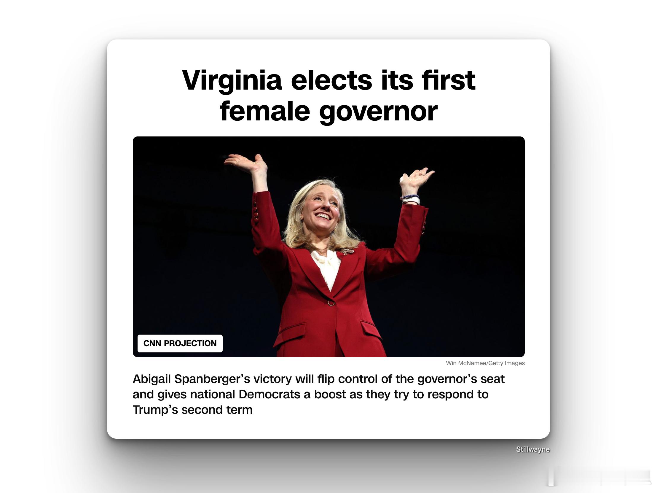 美国今天的几场重要选举，民主党实现全面横扫。民主党人阿比盖尔·斯潘伯格当选弗吉尼