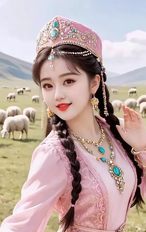 《赞异族佳人》银饰叮当缀云鬟，彩衣绚烂映晴川。远山含黛羊群卧，一笑风华落