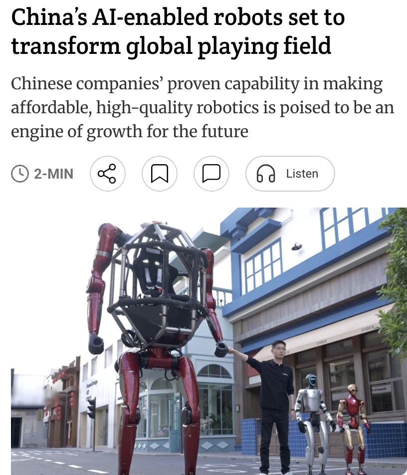 外媒：中国人工智能机器人有望重塑全球格局。中国企业在制造高性价比机器人方面已展现