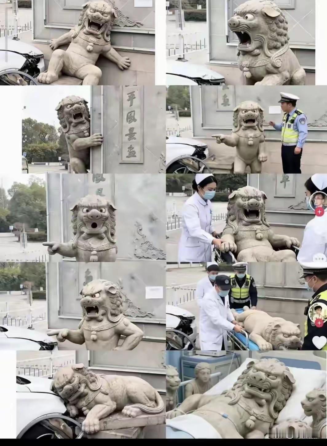 这Ai讲述，大门蹲的石狮子。被车撞到过程。描述的太到位了。