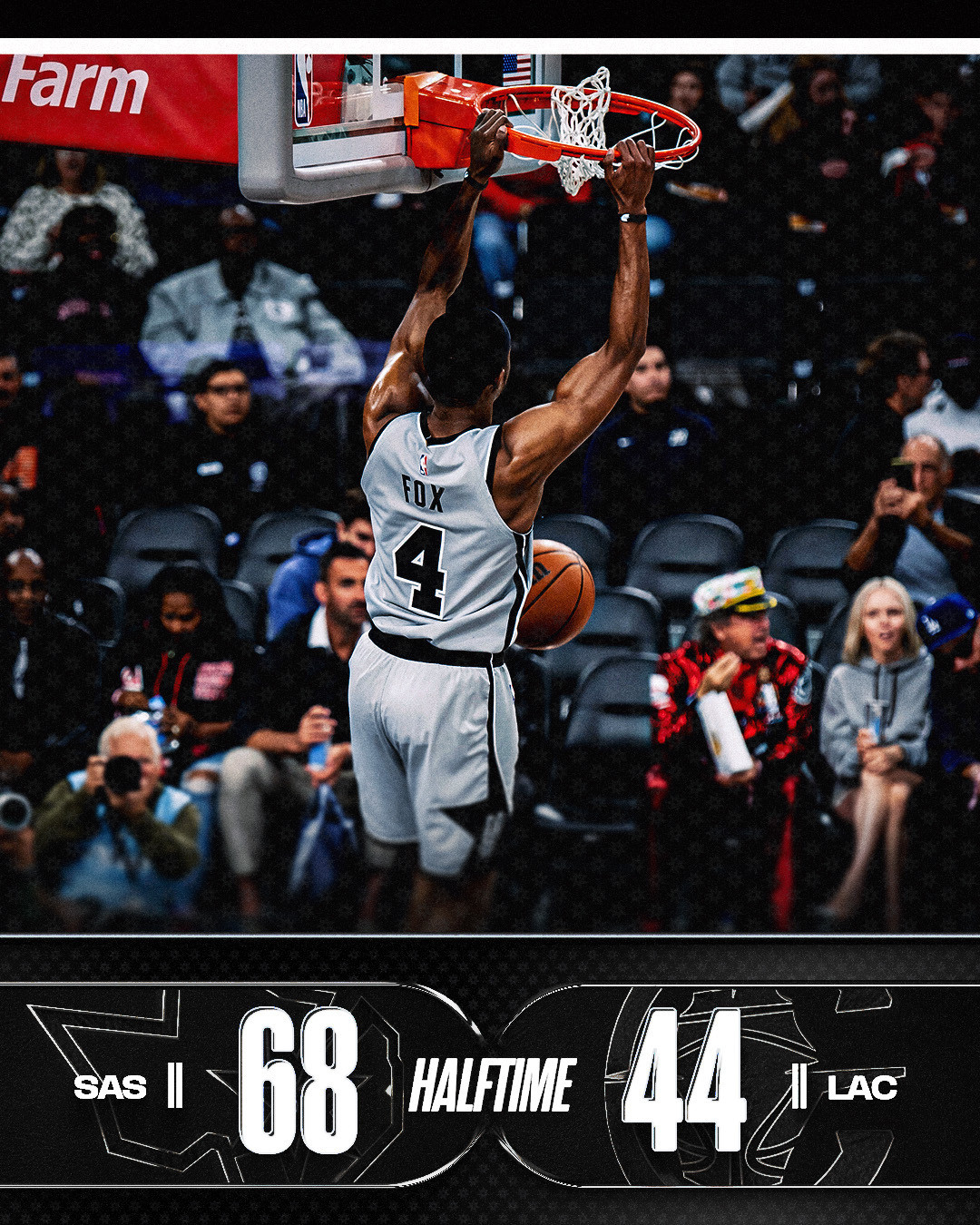 文班休息，马刺客场半场领先快船24分马刺vs快船NBA