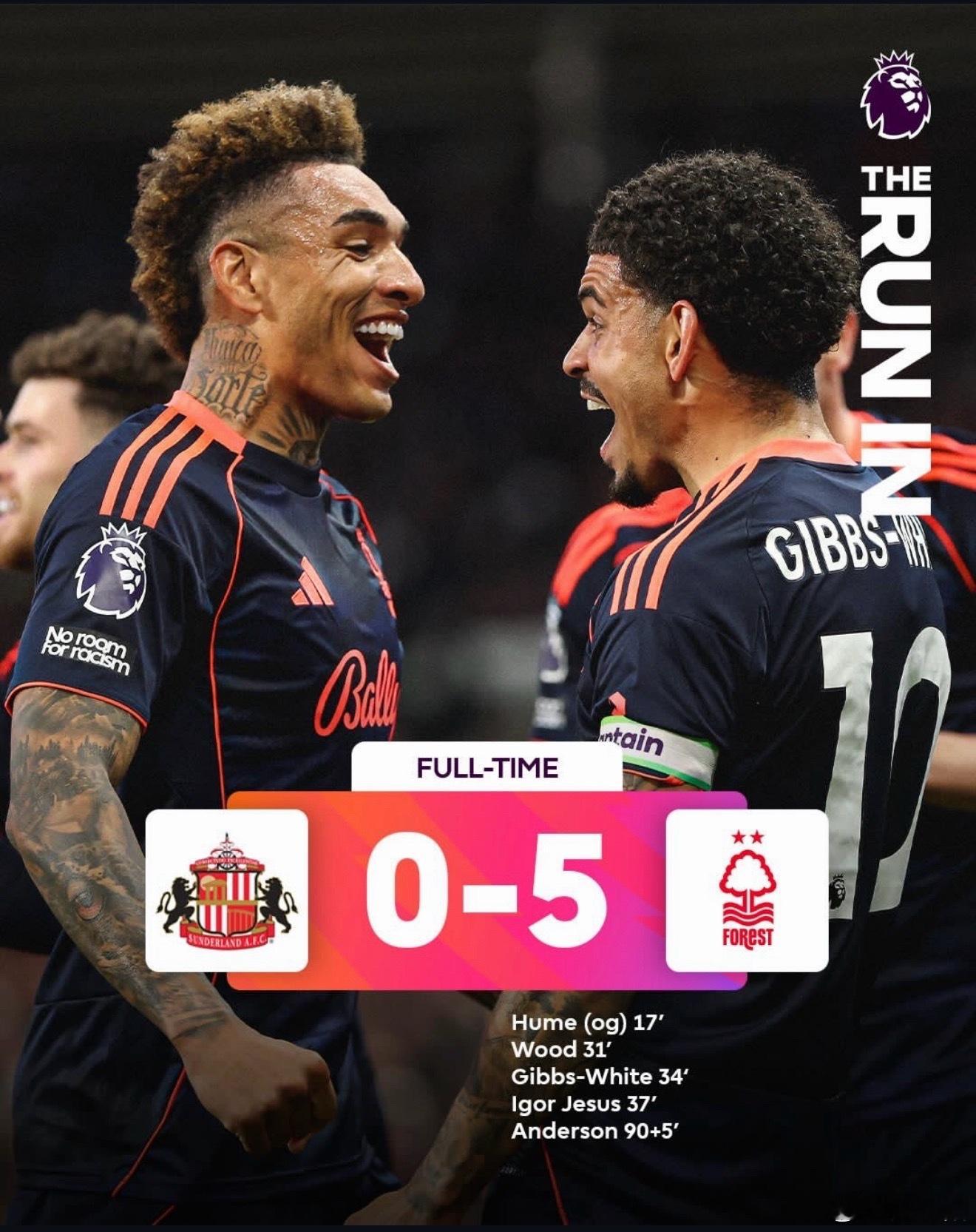 补报一条英超保级大战的最新消息。诺丁汉森林居然客场5比0大胜桑德兰！诺丁