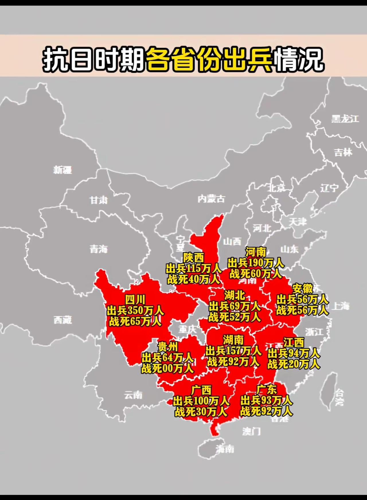 地图展示抗战期间部分省份的兵员贡献与牺牲数据。四川出兵350万、战死65万，河南