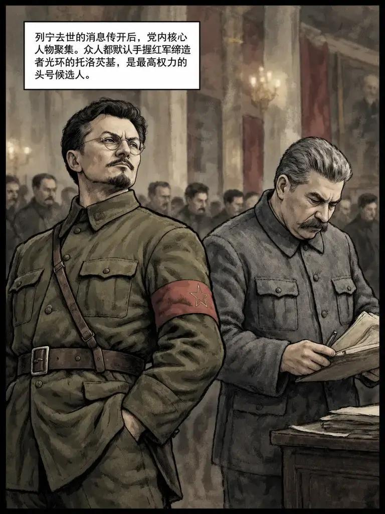 列宁刚去世，全党内默认的最高权力头号候选人，是手握红军缔造者光环的托洛茨基。没人料到，他会输给当时毫