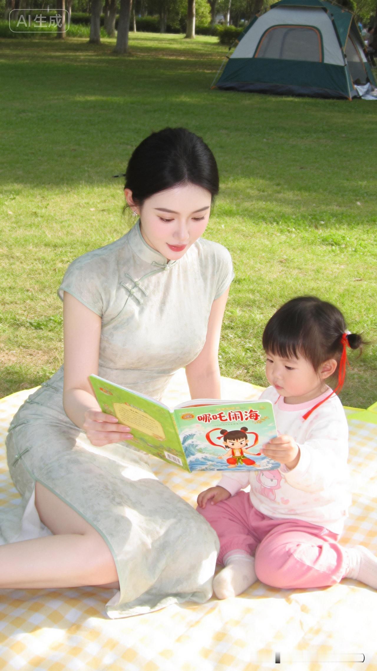 晴日铺毡草色新，陪娃读《哪吒闹海》绘本，看她小手指着画面咿呀提问，暖意漫上心头。