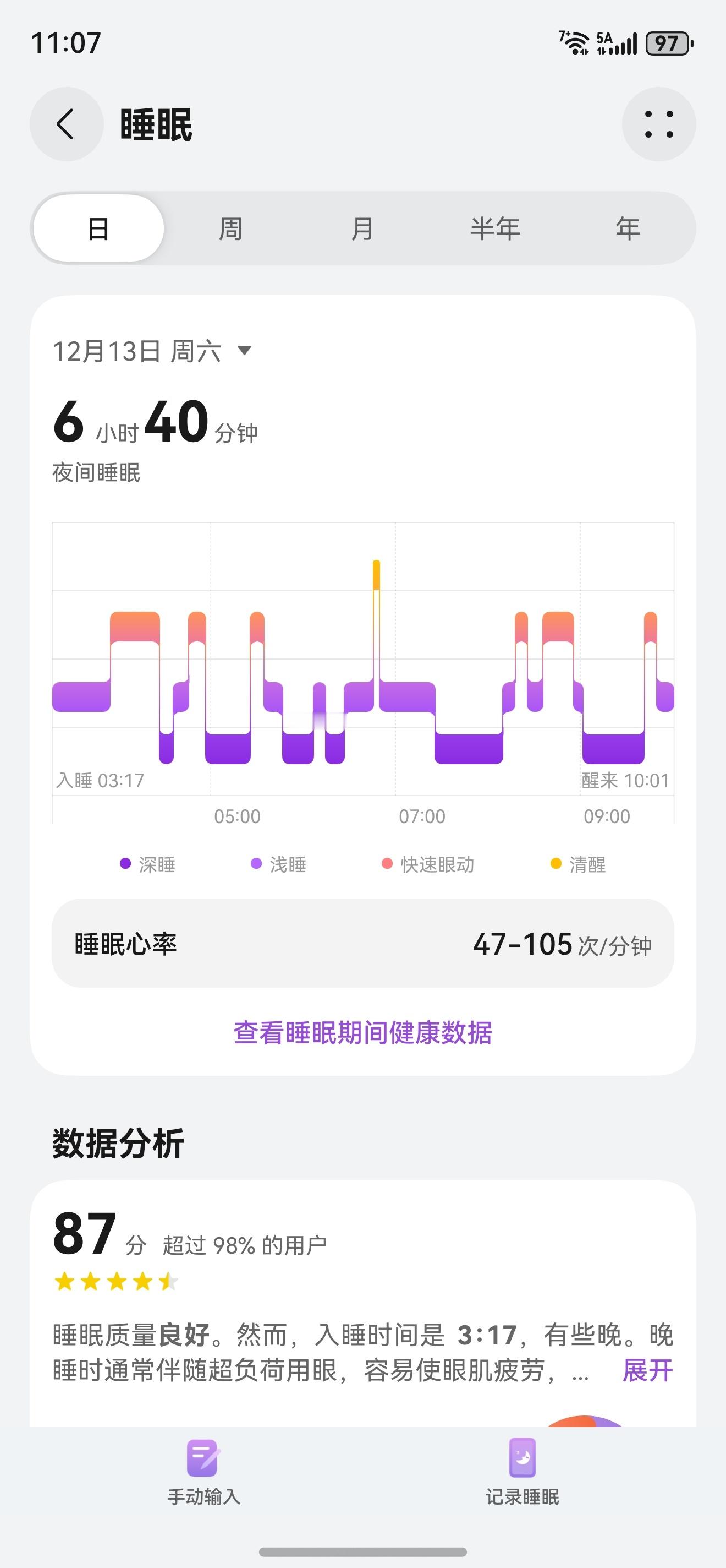 昨晚睡眠擦边过，就是睡的迟了点睡不建议少于6个小时