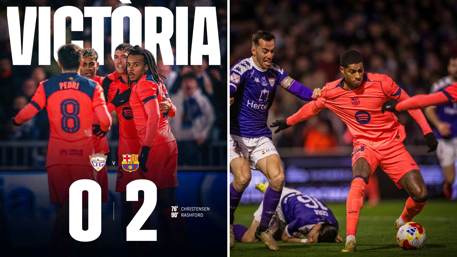 国王杯：巴塞罗那客场2-0击败瓜达拉哈拉，闯入国王杯16强。拉什福德与滕森相继