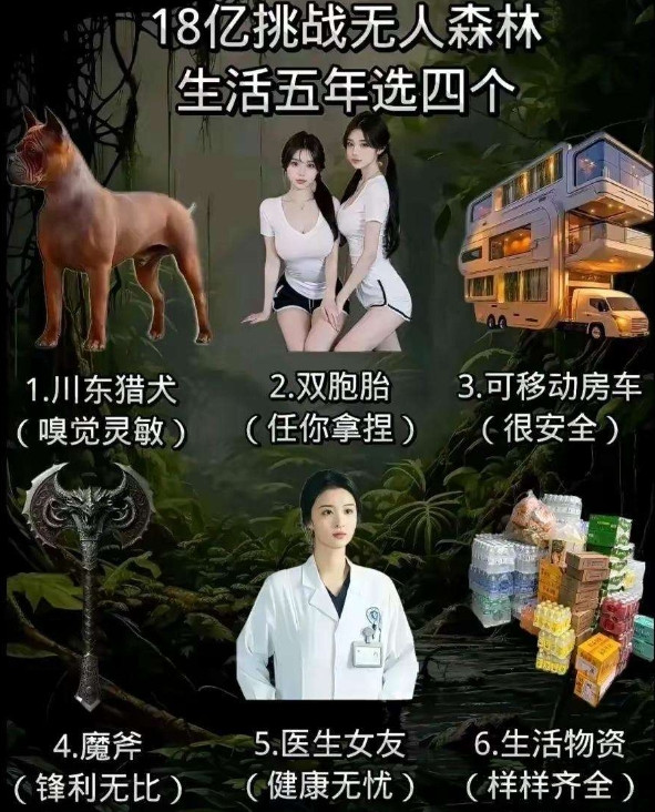 给你1亿，要求你在无人森林生活五年，你会如何选择（六选四）