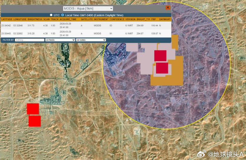 以色列最大军工厂遭袭NASA的火灾卫星图显示，今天阿联酋阿布扎比的“ADCO