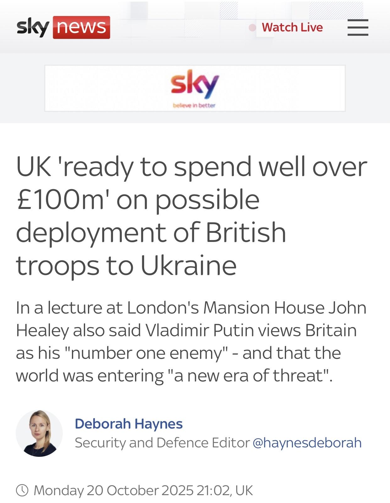 英媒：英国国防大臣公开表示英军已做好准备随时进入乌克兰提供安全保障英国天空新