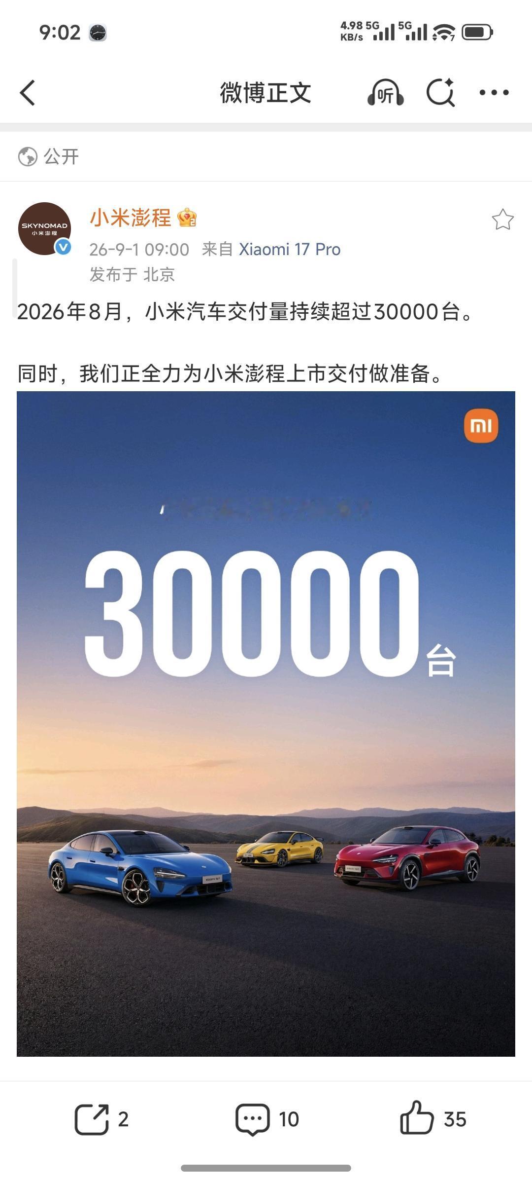 8月份的小米汽车交付数据出来了，继续超3万台！说实话比我预期的是要高