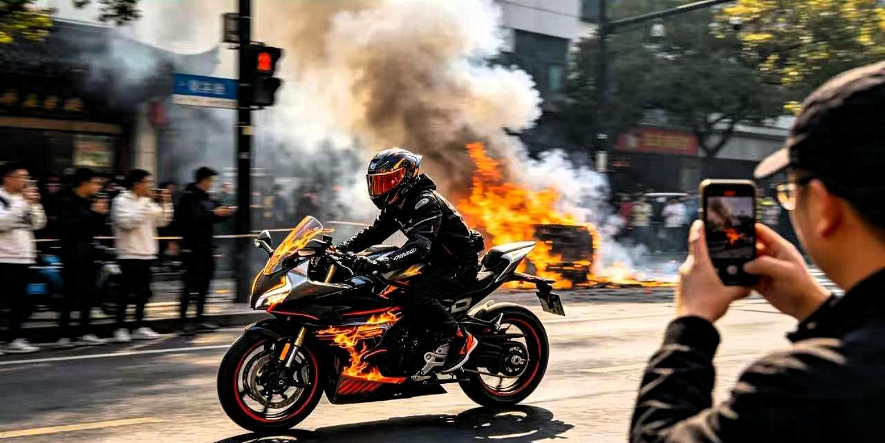 杭州萧山，24岁的楼质军骑着刚买一个多月的张雪500RR，路遇私家车自燃，火势发