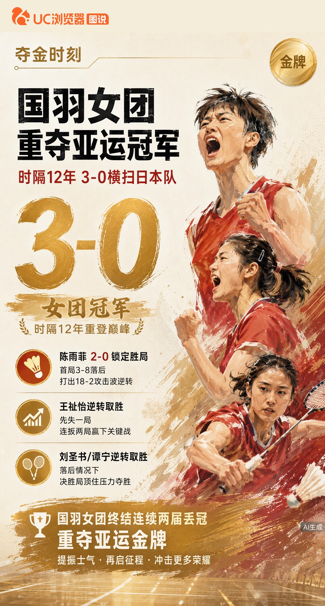 时隔12年重夺亚运女团金牌！国羽3-0横扫日本，陈雨菲首局3-8落后轰出18-2攻势翻盘锁定胜局。三