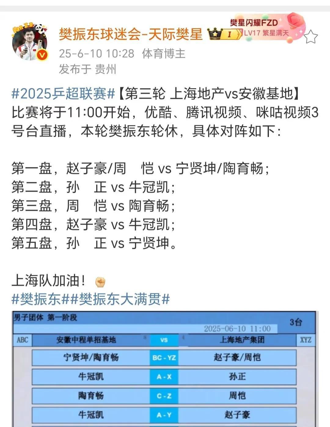 乒超联赛开始了！赵子豪出场！樊振东轮休卖萌！上海地产队迎来关键比赛，球迷