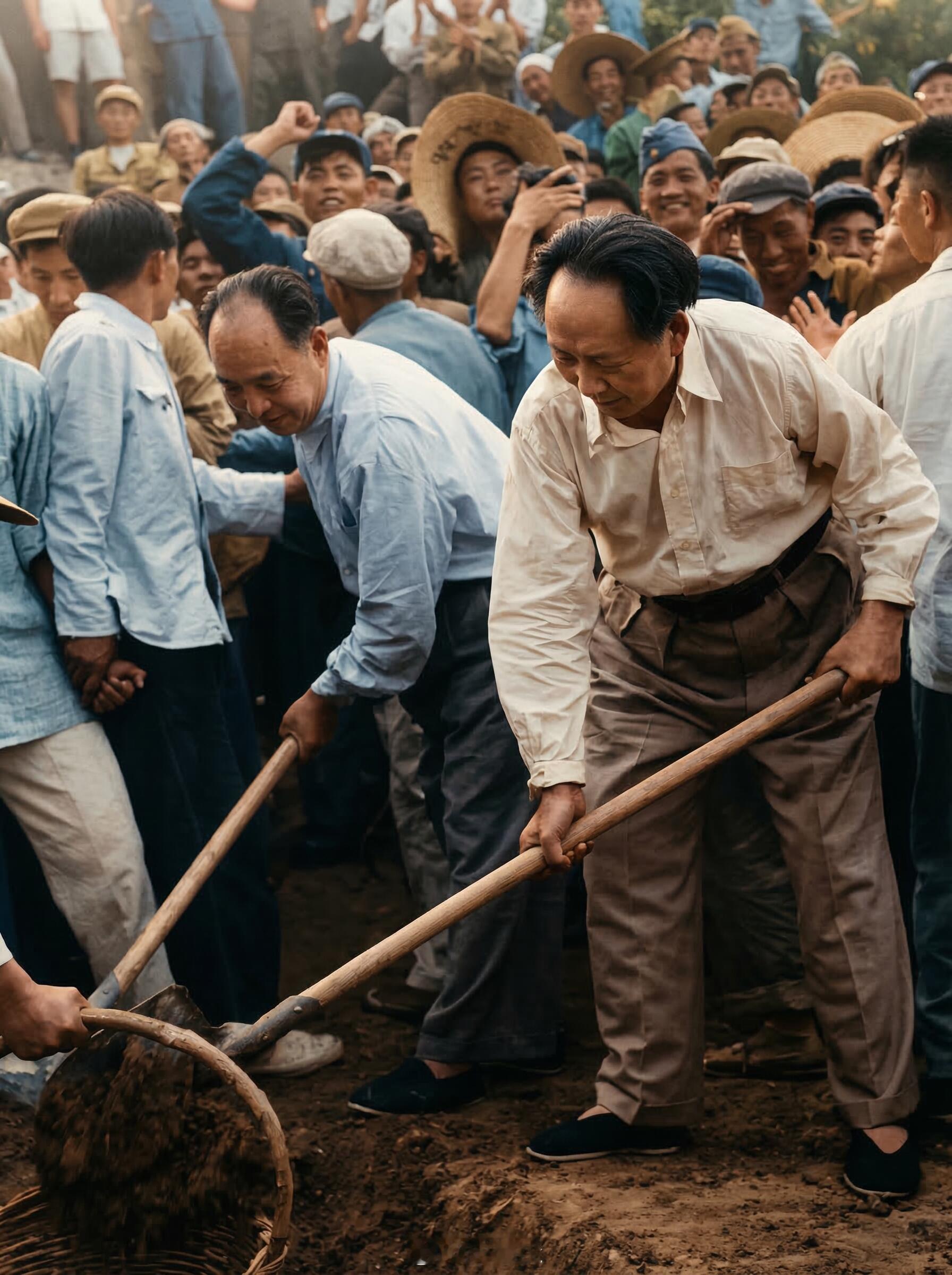 毛泽东同志人声鼎沸的工地上，他和所有人一样，卷着袖口，奋力地挥着铁锹。没有前呼