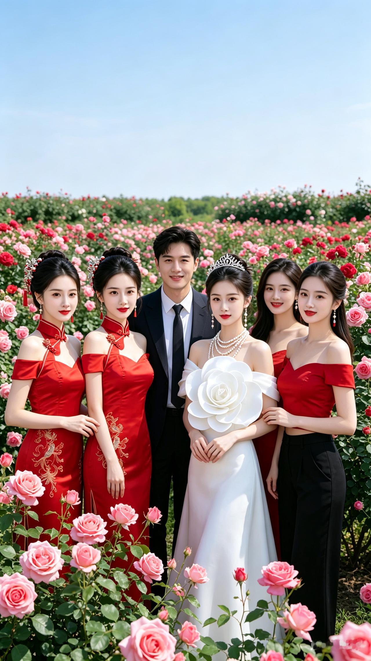 一群美女在花海中合影，好漂亮！那位美女配帅哥最合适。感谢诸位佳人给我做主。