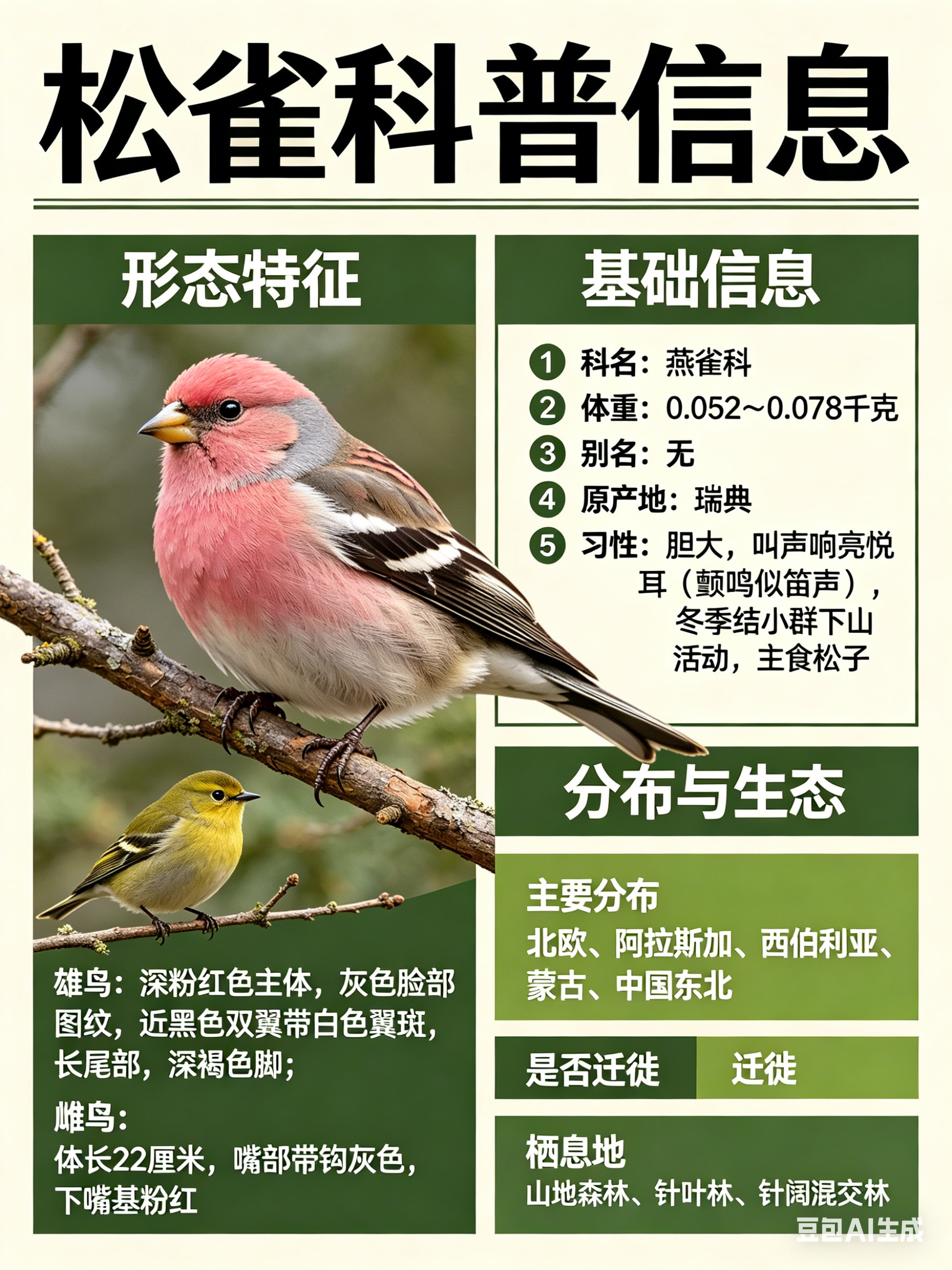 鸟类朋友图鉴松雀科名：燕雀科体重：0.052～0.078千克别名：无松雀体型略