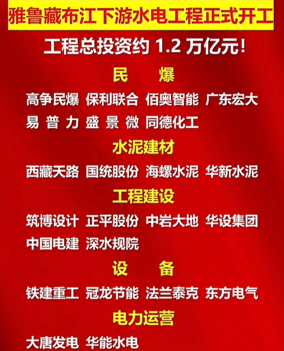 我们来看看雅鲁藏布江下游水电工程的中标单位，1.2万亿的大蛋糕，直接一次性站起来
