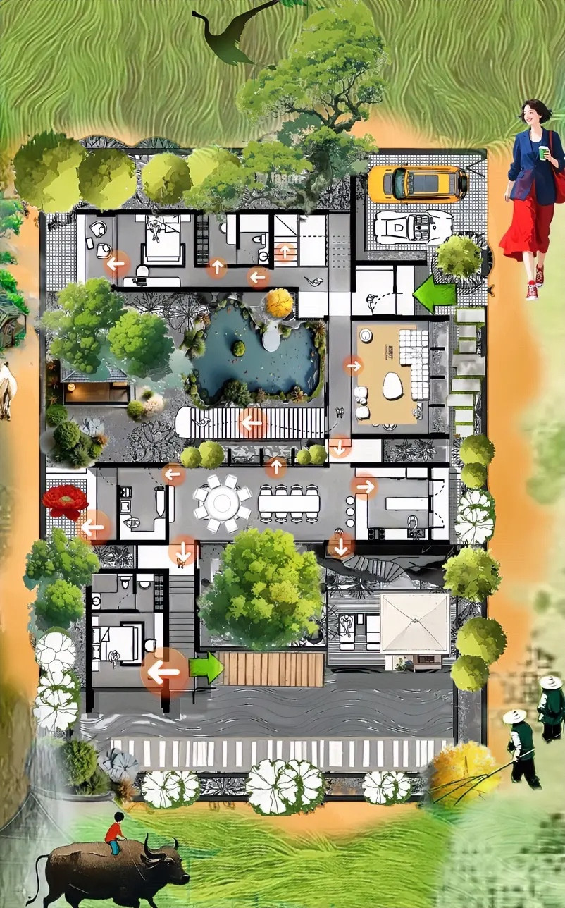 细糠里自建房，合院高光时刻，布局做到，屋前有景，房后有色，用三进式手法，让368