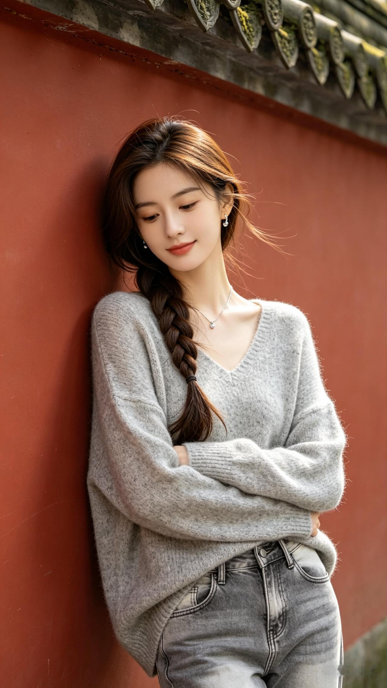 东方少女棕发长辫，幼态亮白肌肤尖下巴，身着浅灰麻纹宽松毛衣搭配灰白牛仔裤，佩戴银