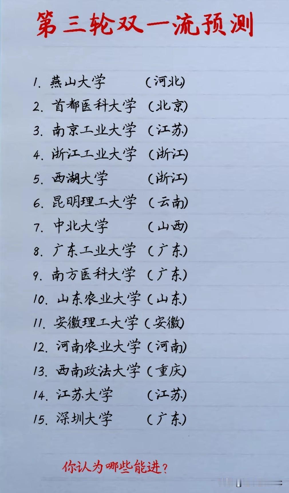第三轮双一流预测第N版，八九不离十——15所双非，每人一条硬理由：①燕山大学