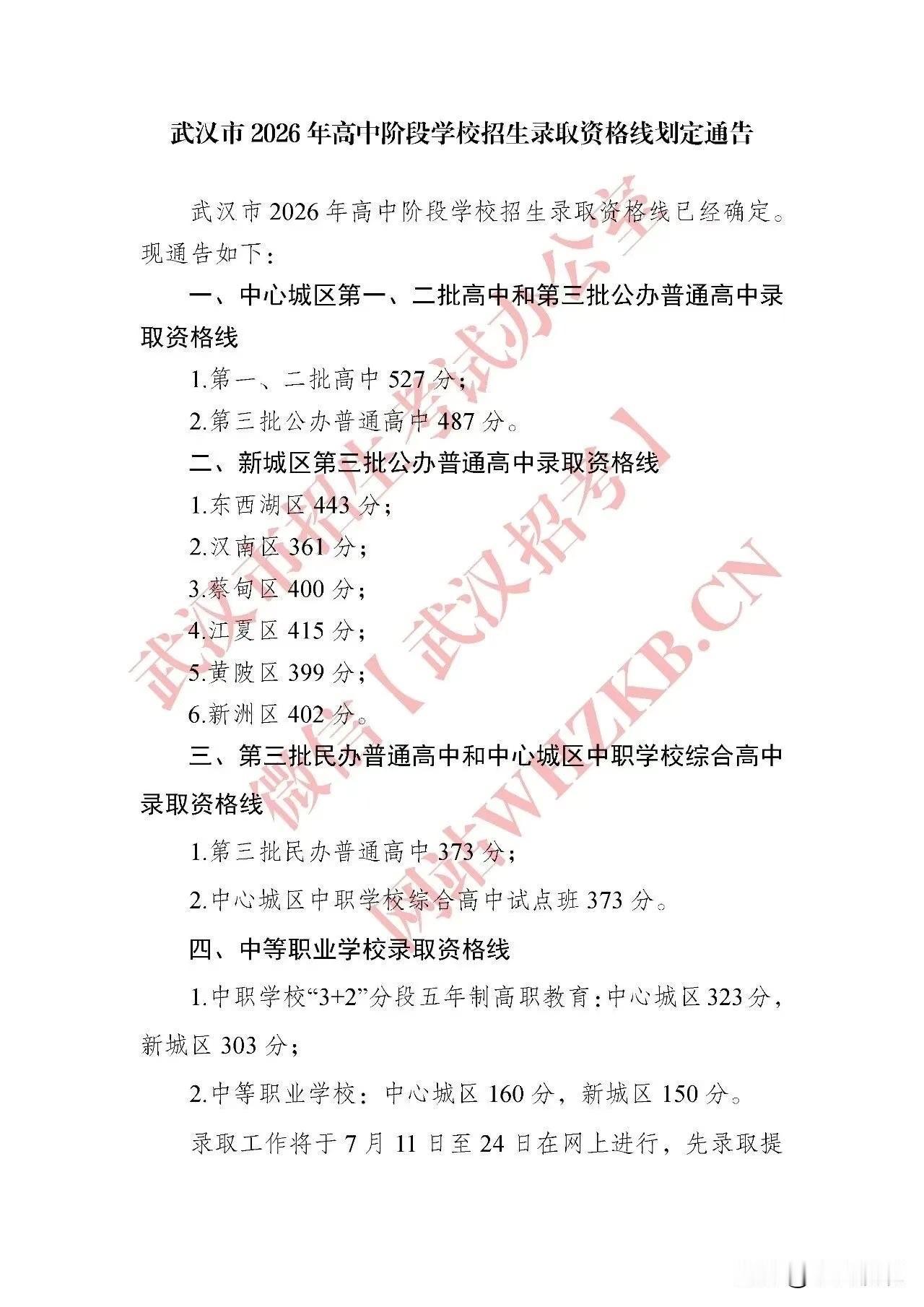 2026年武汉中考录取分数线出炉​市示范线：527分