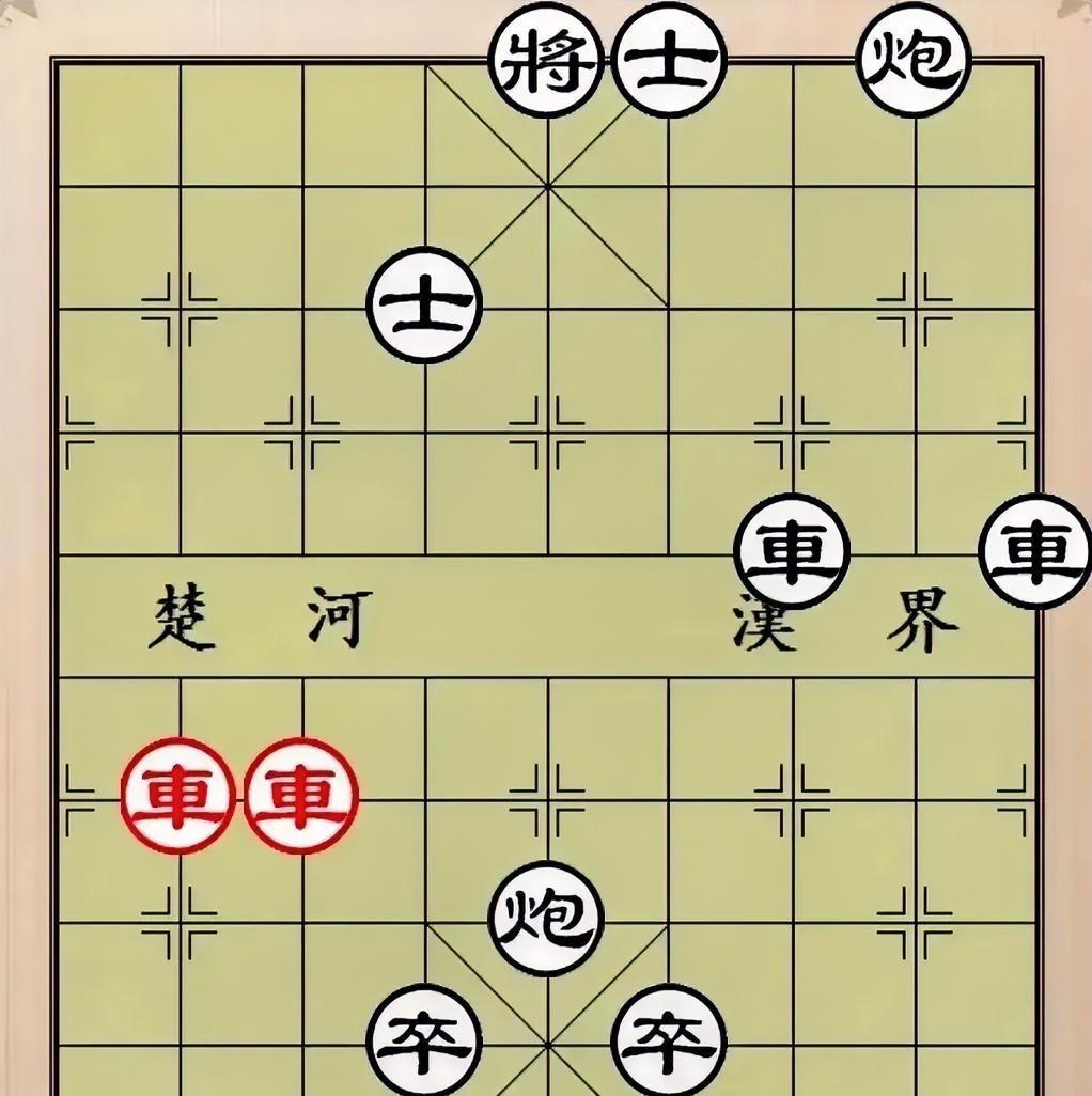 黑棋双鬼拍门，一步即杀，红帅岌岌可危，命悬一线，朝不保夕。生死存亡之际，千均一发
