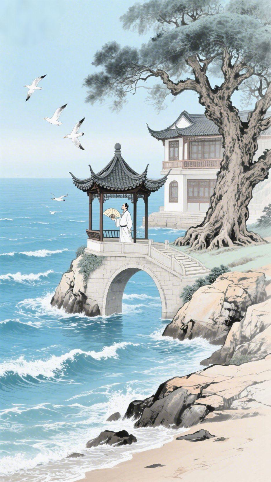 沧波古亭意悠然碧海翻涌着层层浪涛，白浪逐着金沙漫上岸边，撞在嶙峋礁石上，溅