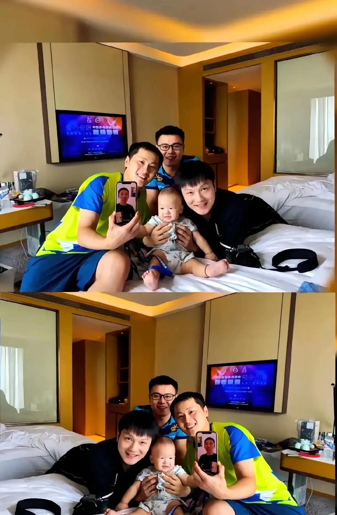小胖也太温柔了吧！抱着孩子满眼的宠溺！乒超结束后小胖与好兄弟郭培峰相聚，抱着孩