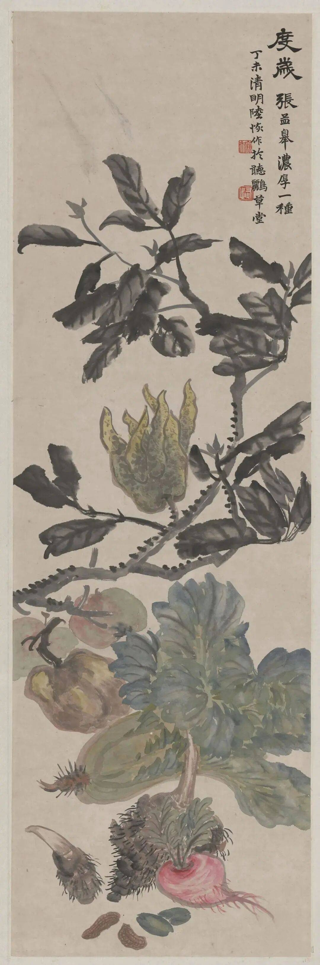 陆恢《度岁图》纸本立轴设色105x31.5厘米。款识：度岁，张孟皋浓厚一种