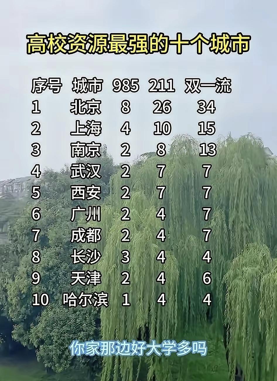 高教资源最强的十大城市，深圳苏州杭州几个经济大市未能上榜。北京，上海和南京成为高