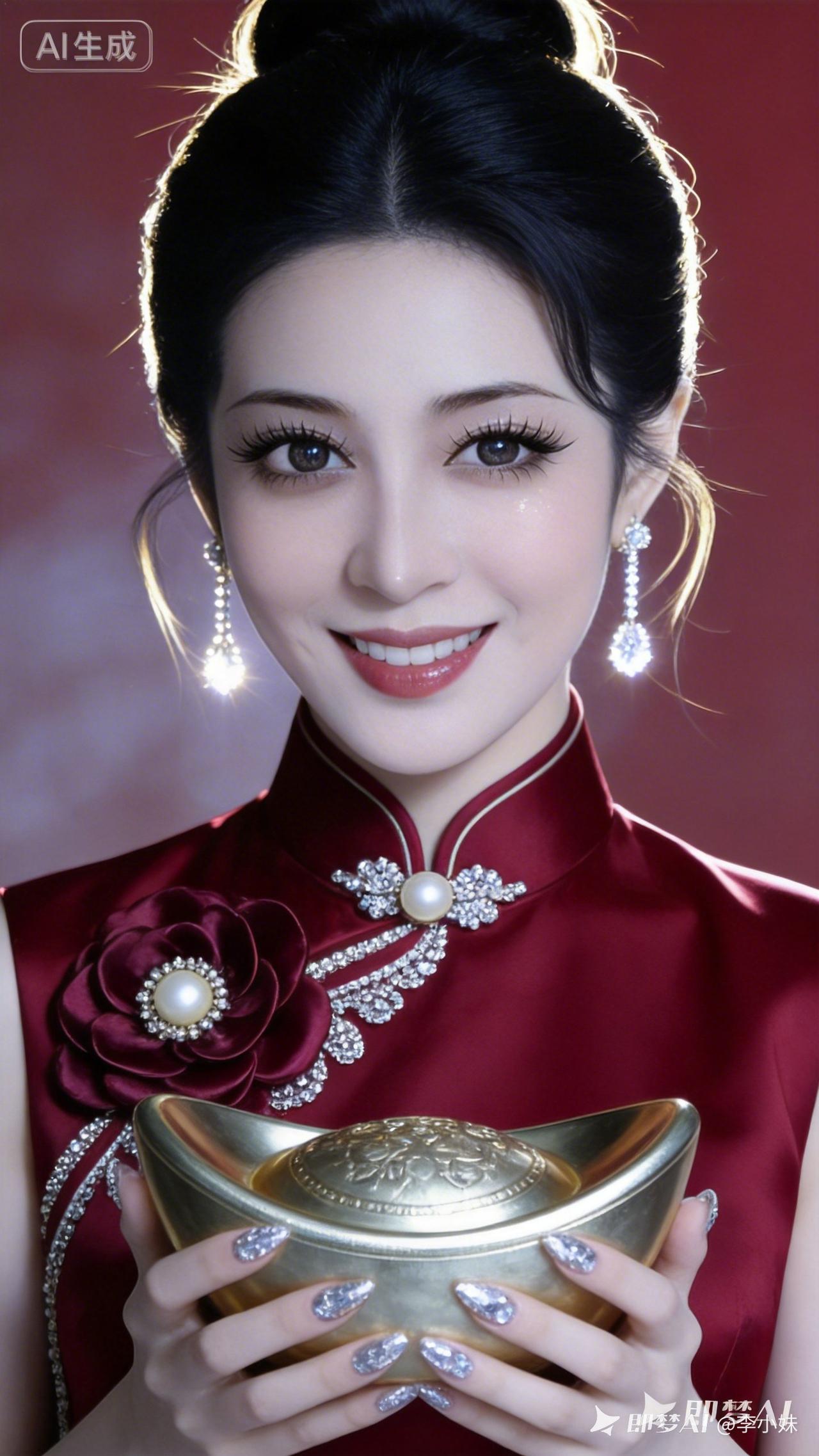 优雅红衣美人，手持金碗，闪耀珠宝，尽显东方韵味！💃💎✨