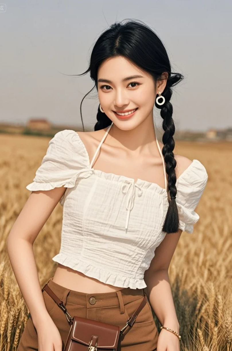 她倚着田埂，像一首被风吹散的田园诗，散落成金。