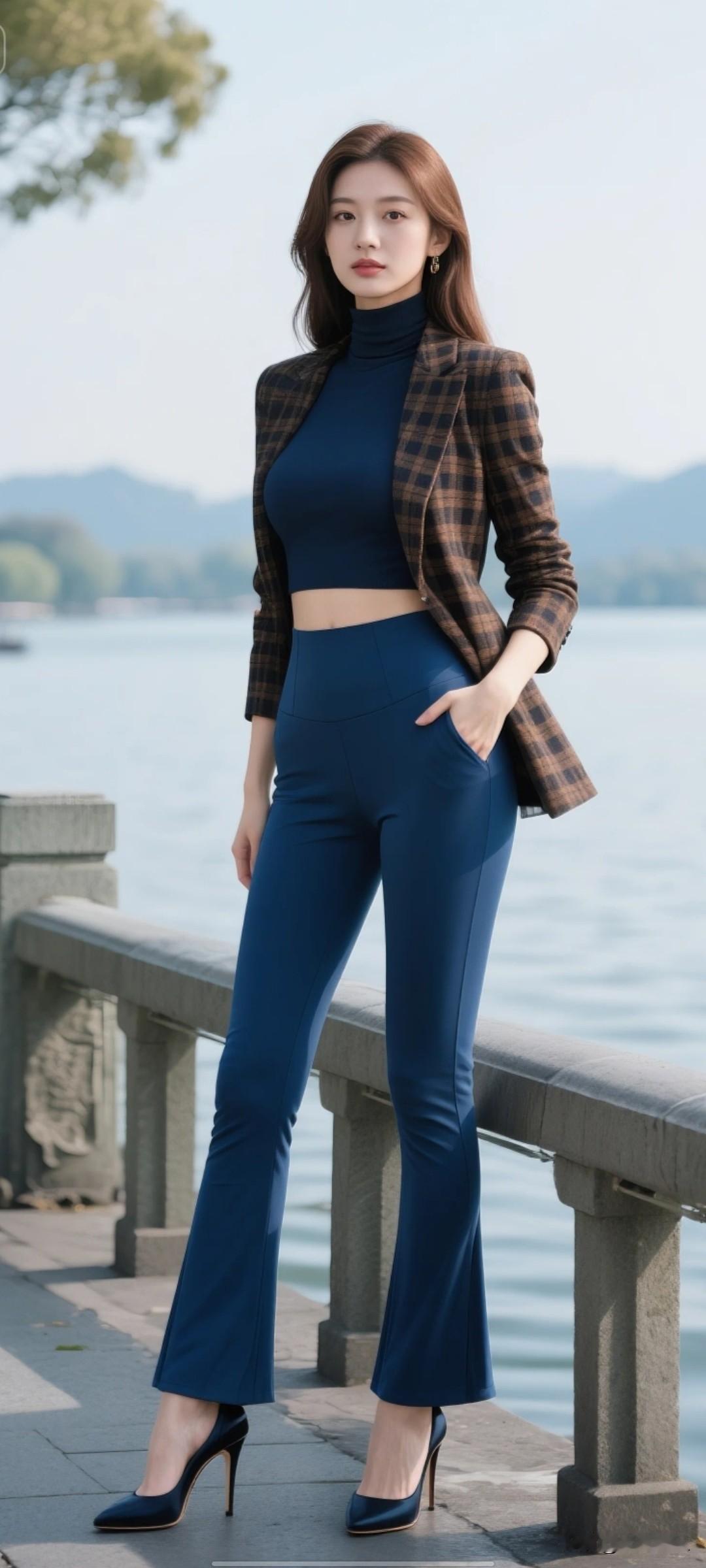 湖畔佳人立，风姿似画中。