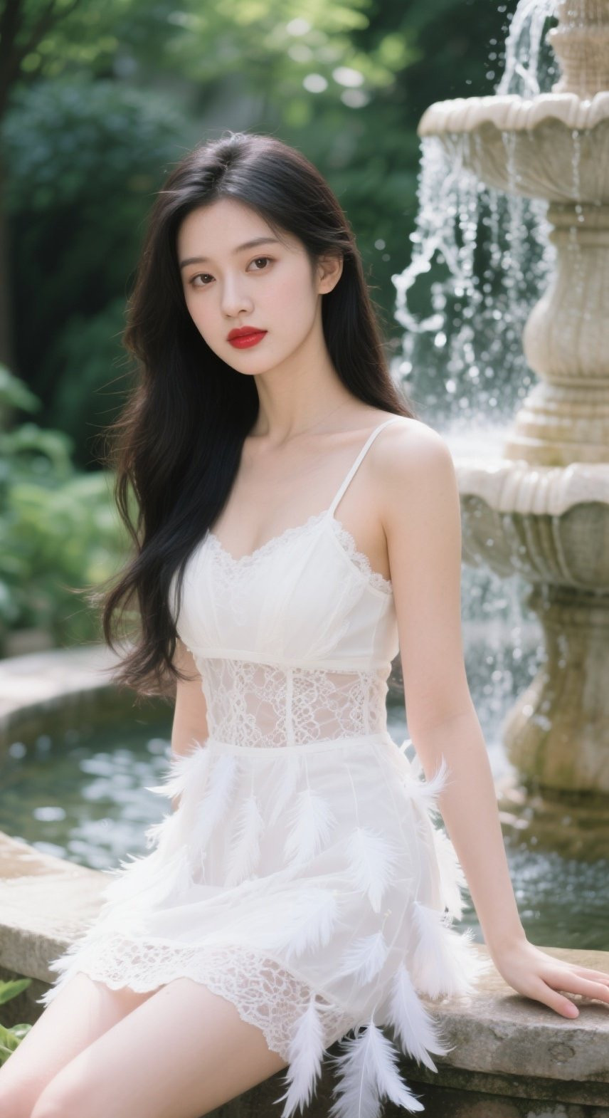 水珠点缀妩媚少妇风情喷水池写真
