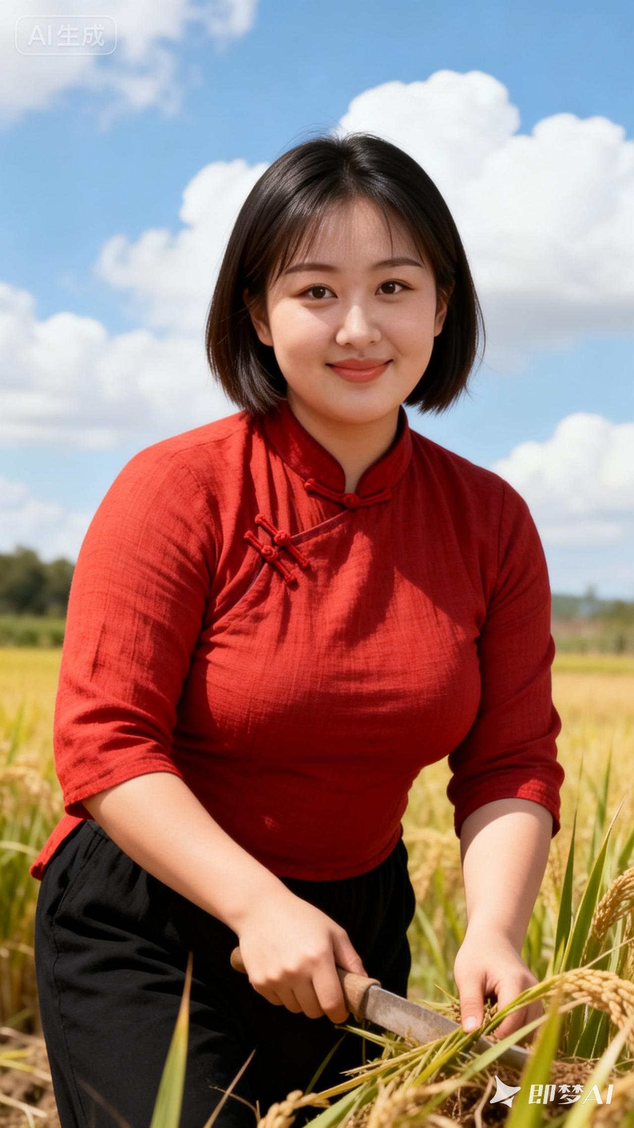 “收获满满的一天，红衣少女与稻田的美好时光”🌾👩‍🌾