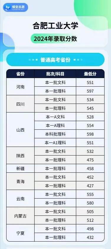 合肥工业大学，各省24年各专业组或者部分省份最低录取分数线，想报考该高校考生和家