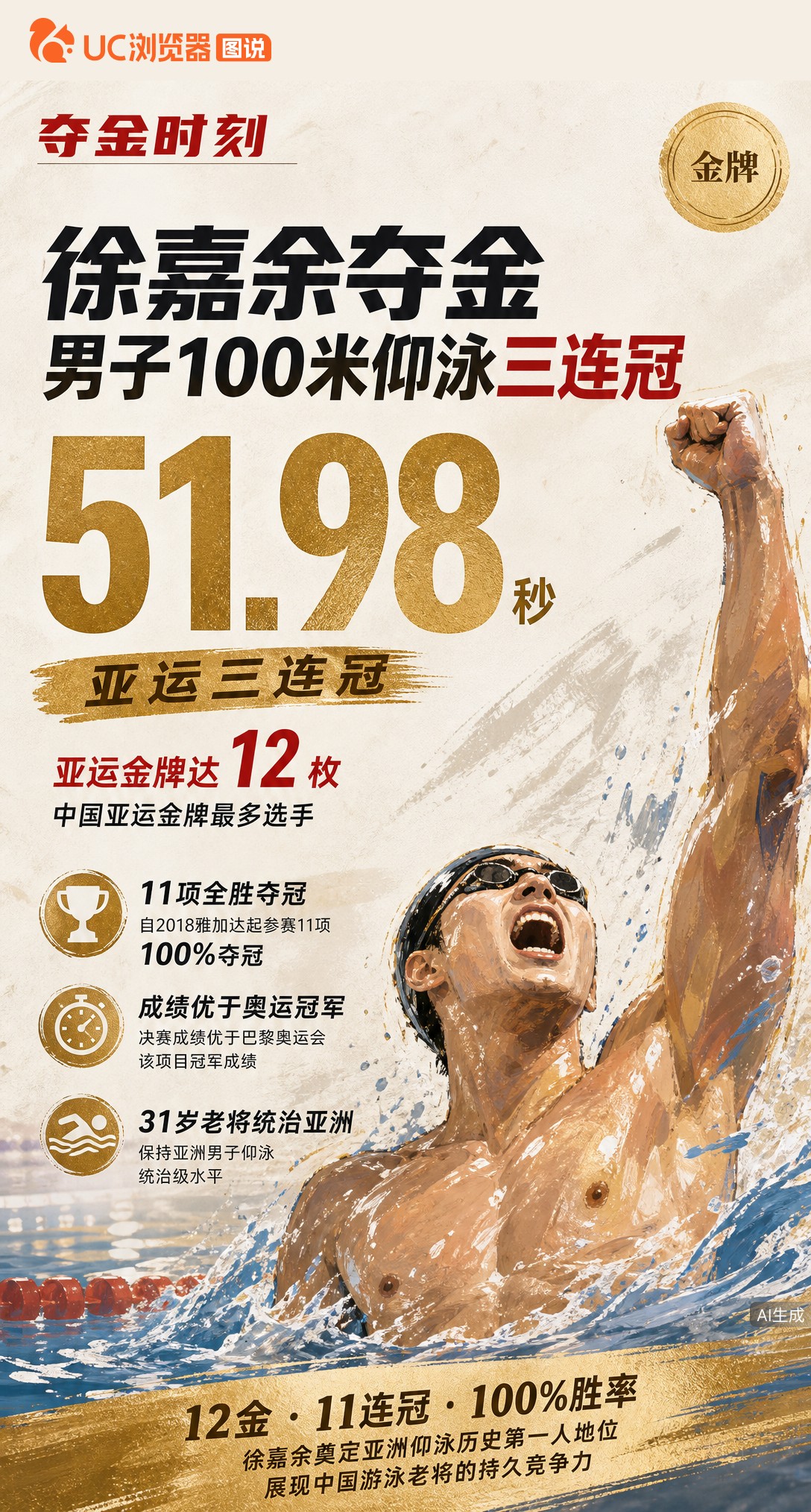 51秒98！徐嘉余男子100米仰泳夺冠，亚运三连冠到手。12枚金牌让他成为中国亚运金牌王，自2018