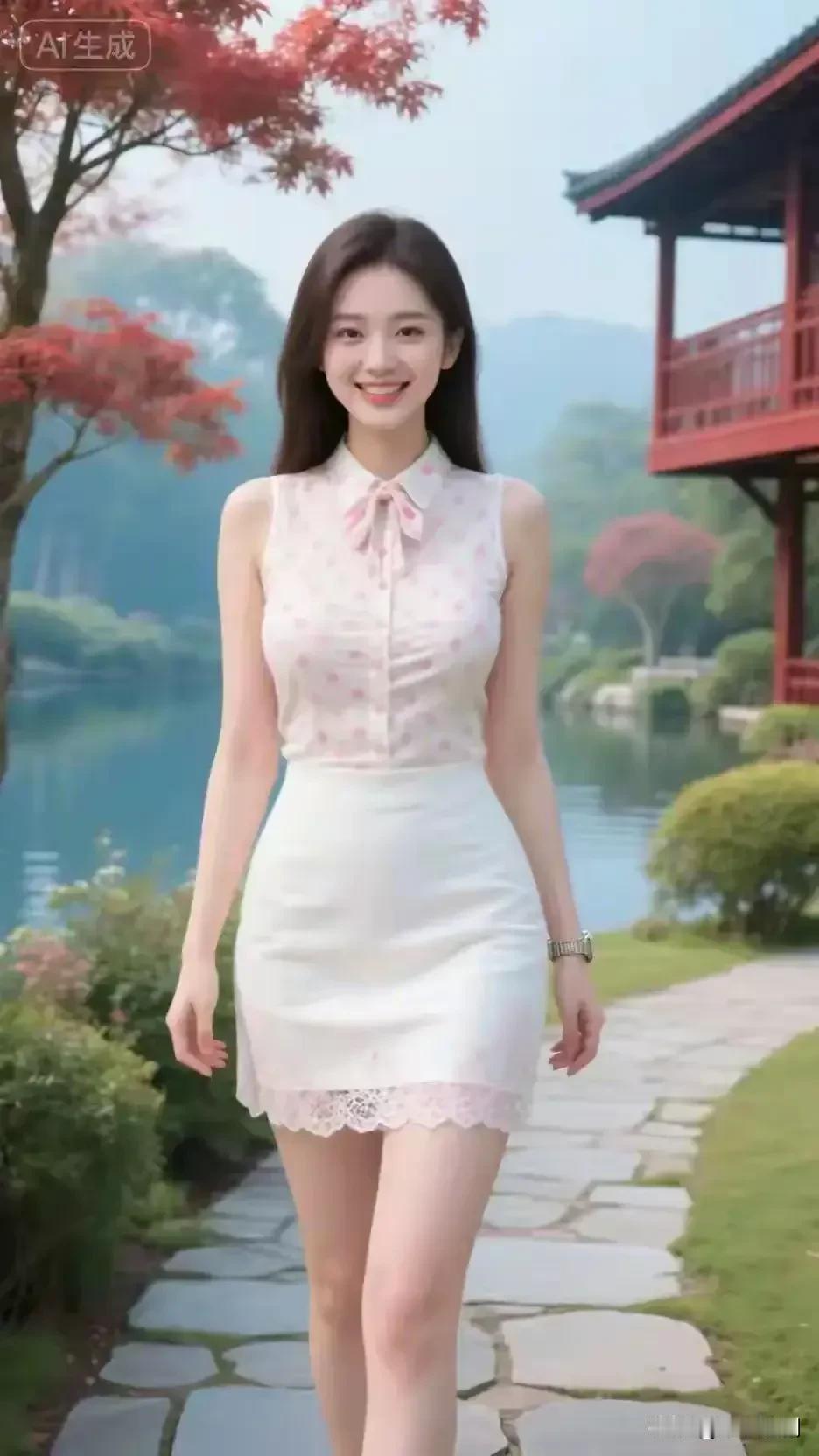 女人最美是气质还是最美的是善良?粉樱印在裙角，风把蝴蝶结揉得轻软。石板路沾着湖