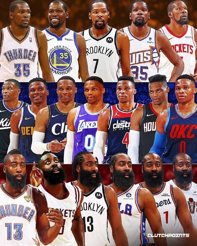 雷霆三少的换队履历：杜兰特：雷霆、勇士、篮网、太阳、火箭威少：雷霆、火箭、奇