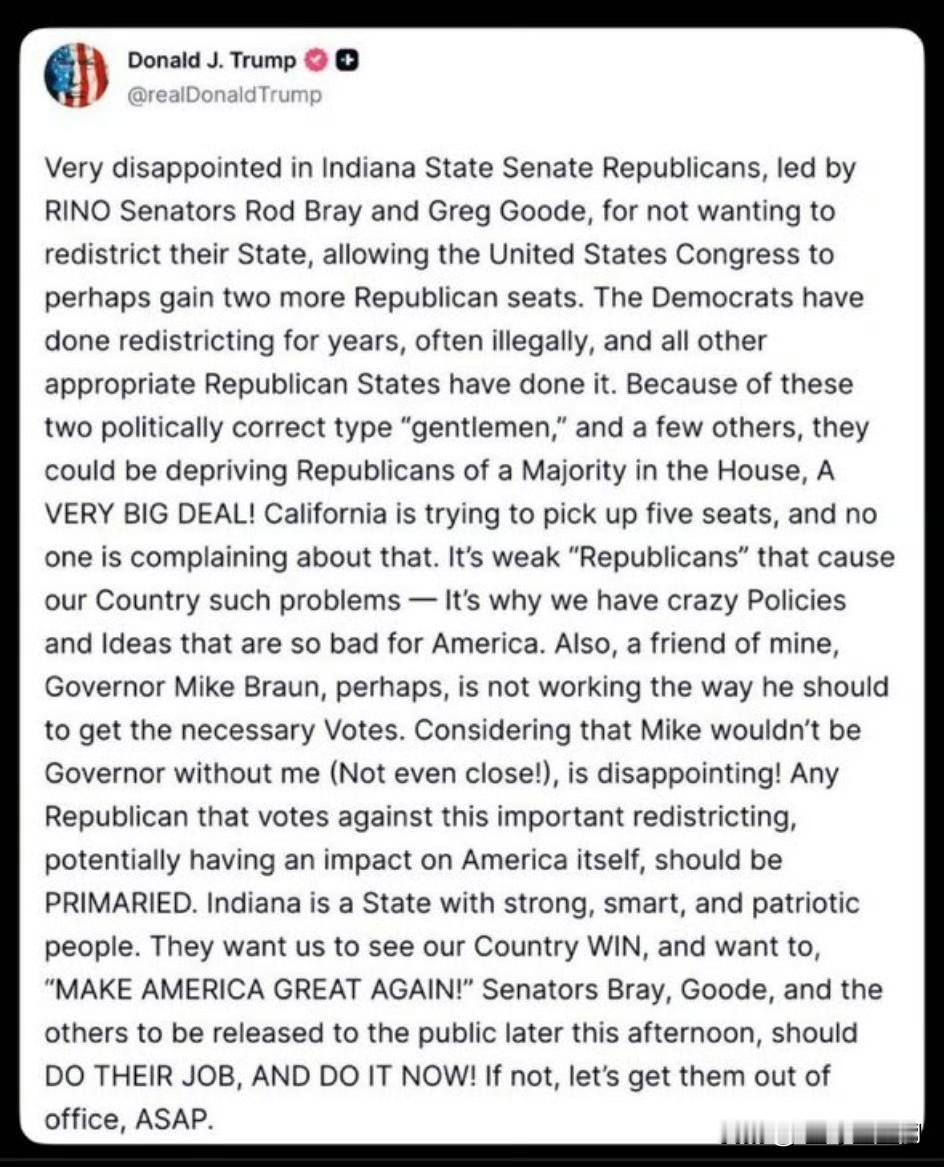 特朗普刚刚公开指责印第安纳州的共和党建制派人士罗德·布雷和格雷格·古德，称他们保